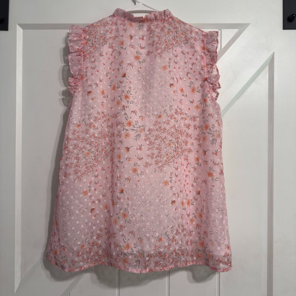 Women’s Pink Sleeveless Sheer Floral Ruffle Tie Neck Blouse Top Size Small - Picture 11 of 13